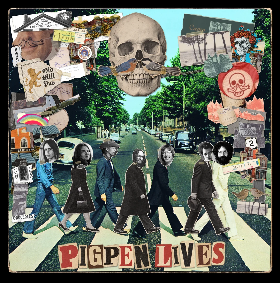An Abbey Road album sleeve covered with handmade Pigpen Lives collage, birds, Maine photographs and a funeral procession